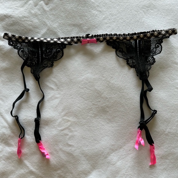 Victoria's Secret Other - NWOT Vintage 2011 Victoria's Secret Black Lace Gingham Neon Pink Garter Belt